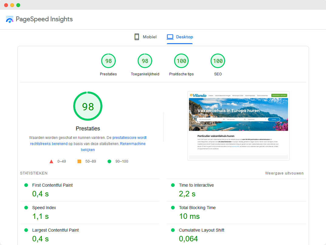 Pagespeed score FalcoTravel Platform